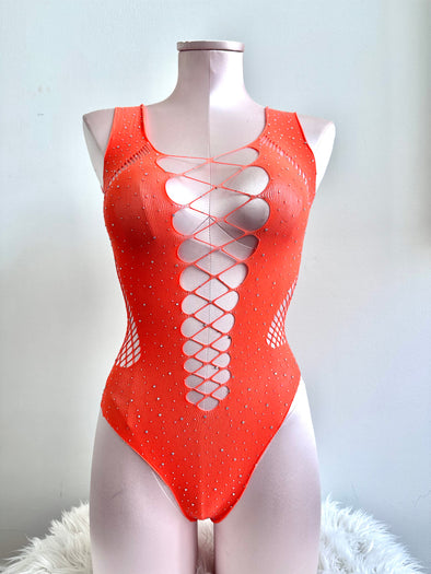 Orange Fishnet Rhinestone Bodysuit